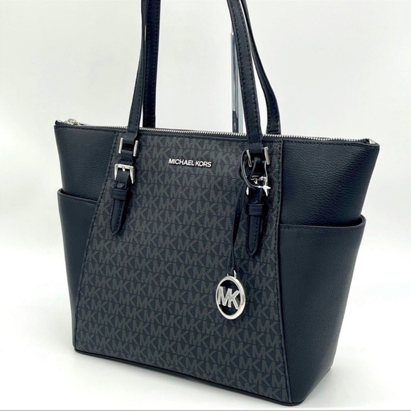 Michael Kors Charlotte Top Zip Tote Bag Black Leather - Picture 1 of 9